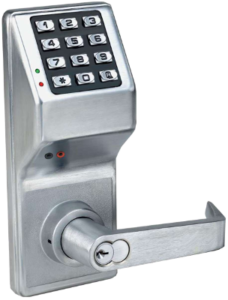 A door lock with a key pad and electronic keypad.