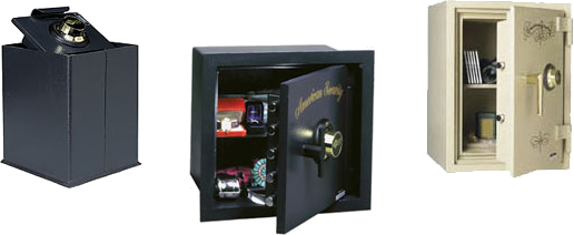 A group of three different types of safes.